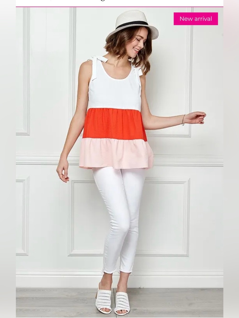 COLOR BLOCK BABYDOLL TIERED TANK SHIRT CORAL RED PINK WHITE SIZE MEDIUM NEW - Picture 5 of 14